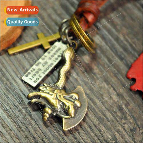 Dragon Axe Vintage Metal Pendant Cowhide Necklace Korean Fas