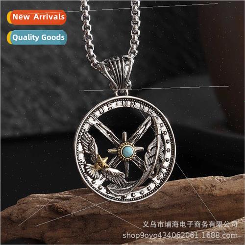 Downsam feather eagle compass necklace men tide wisp hollow