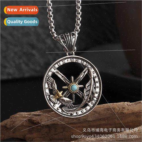Downsam feather eagle compass necklace men tide wisp hollow