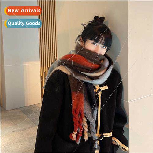 insnew winter geometric color gradient mohair tassel scarf f