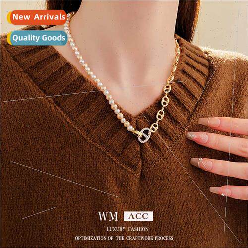 Electroplated diamond oval pearl necklace delicate collarbon