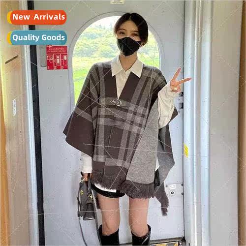 Travel plaid shawl cape knted jacket female 2022 fall new ou