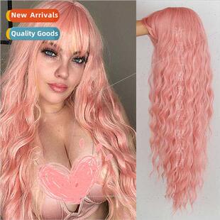 Europe Women Wigs Pink Bangs Water Wave Corn Hot Long Curly