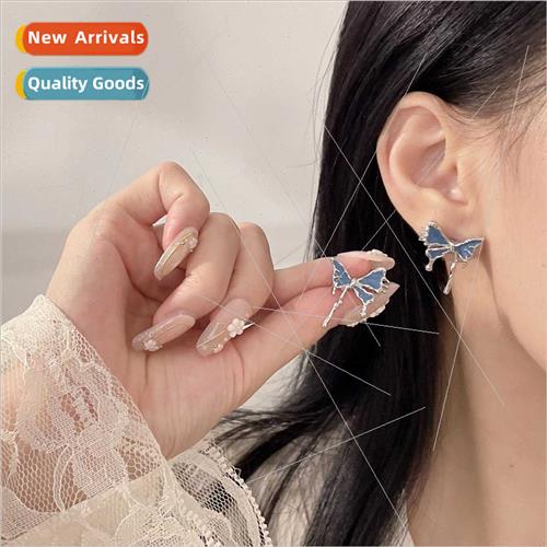 S925 silver pin abstract irregular bow earrings ins blue ear
