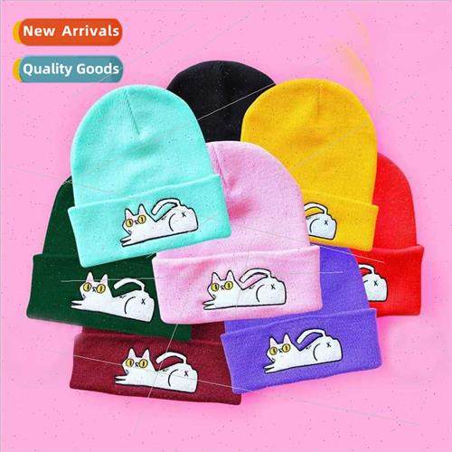 Men women students cute lazy cat embroidered kn cap warm pul