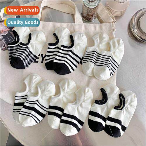 Socks women spring summer boat socks cotton black whe stripe