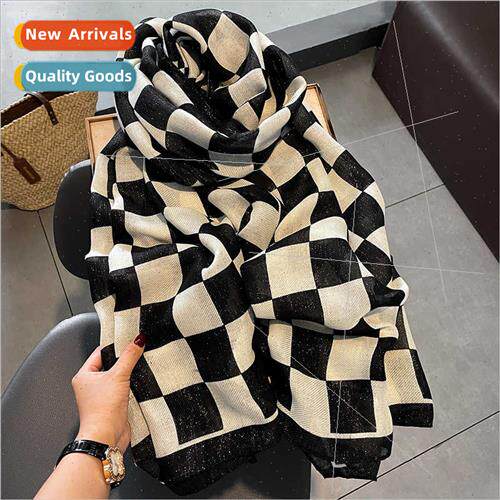 Chess grid fashion  silk scarf women cotton linen hfeel scar