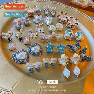 bow pearl sweet needle niche zirconia Korea lver earrings