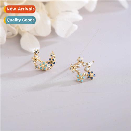 s925 silver Koreadiamond hollow stars moon earrings lerary s