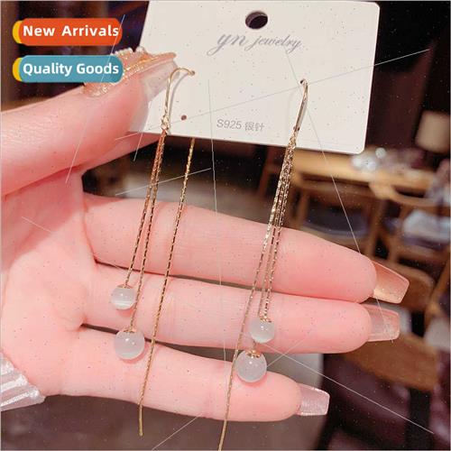 Fashion cat eye stone tassel ear wire long earrings s925 sil