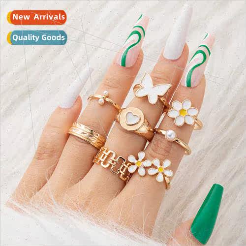 Europe Ring Set Oil Drop Butterfly Heart Ring Color Clash Jo