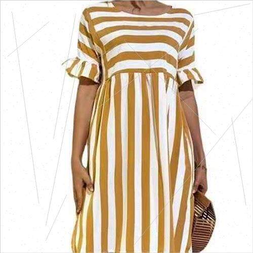 2023 Women Printed Ruffle Short Sleeve Striped Patchwork Poc