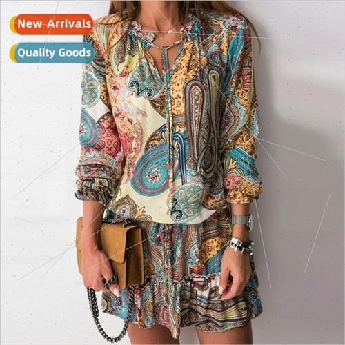 Women Vintage Fashion Print Party Dress Sexy V-Neck Lace-Up