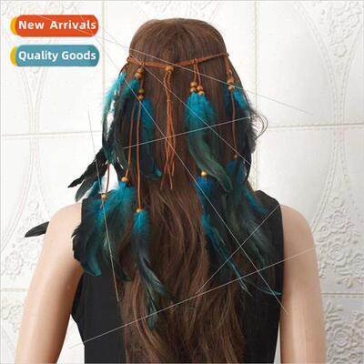 Ethnic Braided Rope Wooden Beads Feather Hairband 适用Women