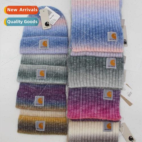 Gradient folded edge woolen cap scarf set fall winter men wo