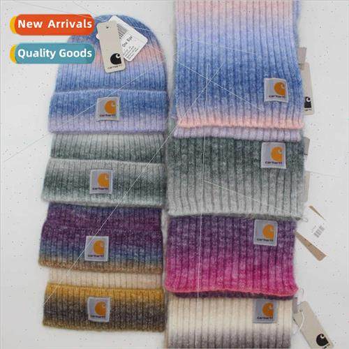 Gradient folded edge woolen cap scarf set fall winter men wo