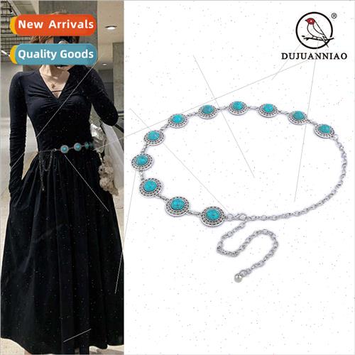 Turquoise inlaid silver chain ethnic fashion waist chain lad