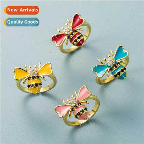 Europe Copper Genuine Gold Plated Zirconia Bee Ring Women mp