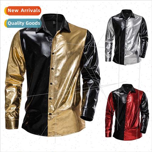 Men Glossy 70s Disco Long Sleeve Shirt C04