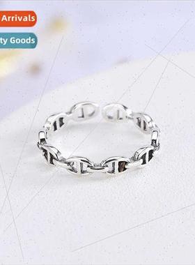 S925 lver Korea mple Day Chain Open Ring Vintage Old Crafted
