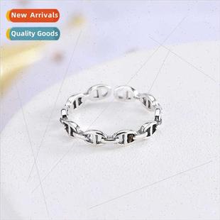 Open Crafted Korea Old Vintage Ring Chain Day mple lver S925
