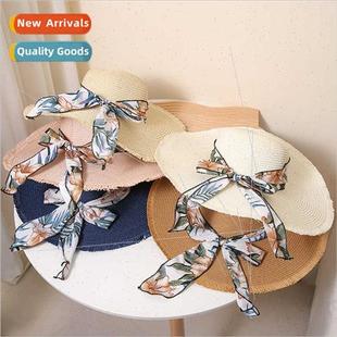 straw sun large sunscreen Summer bow hat brim fluttering