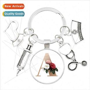 Series Stethoscope Nurse New Round Letter Keychain Glass Whe