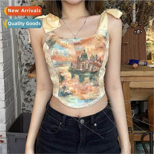 Top Y2K Retro Aesthetic Printed Crop Top Women Elegant Banda