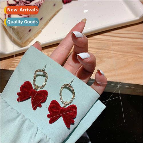 Burgundy velvet bow new fall winter earrings fashion inlaid
