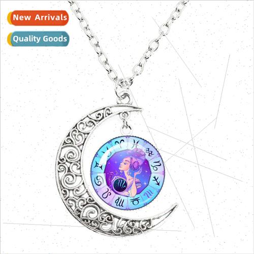 New twelve constellations glass round pendant moon necklace