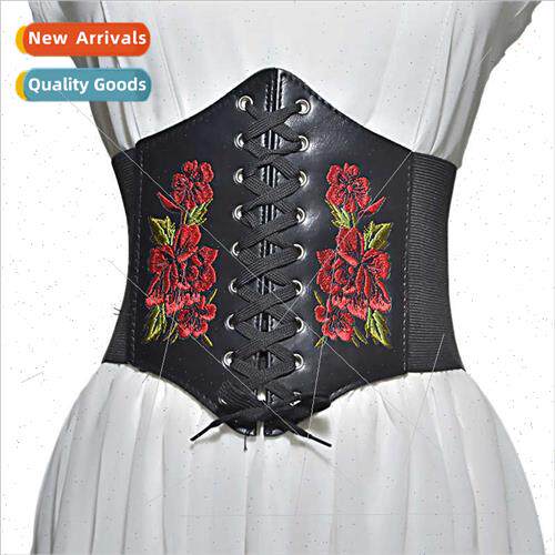 Europe new waist seal retro embroidery elastic wide belt lad