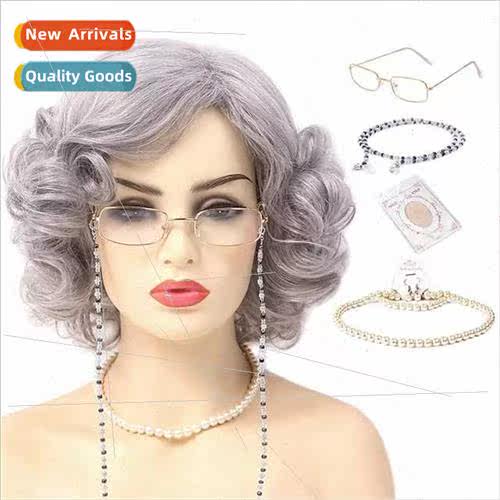 Granny wig set oldladywig gray short curly hair female cos e