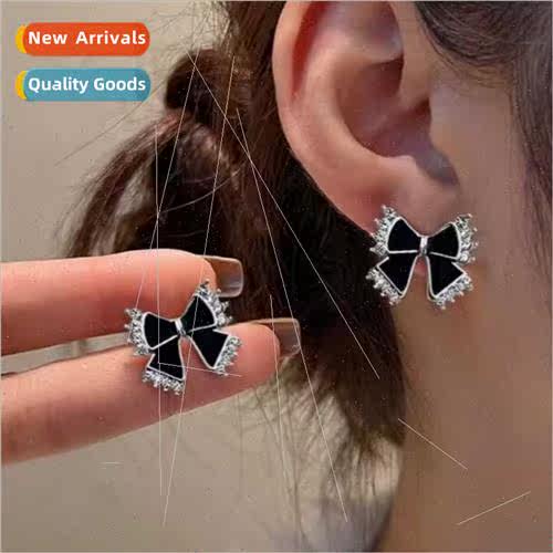 925 silver pin earrings female simple niche ins black bow ea