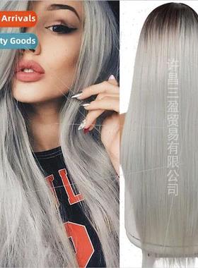 Europe Women Wigs lver Gray Long Chemical Fiber High Tempera