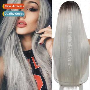 Europe Women Wigs lver Gray Long Chemical Fiber High Tempera
