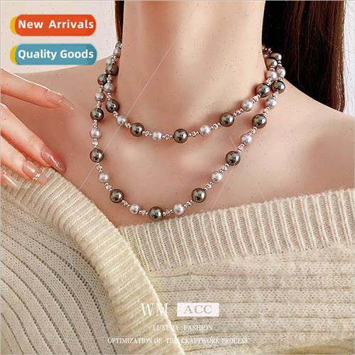 Shi a color blocking pearl long necklace vintage sweater cha