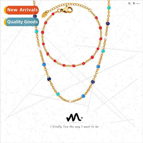Bohemian enamel drip oil color beads collarbone chain simple