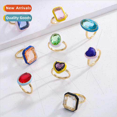 ins gold inlaid gemstone enamel oil drip effect geometric ri