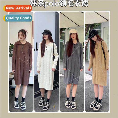 twist soft loose polo collar sweater dress retro middle-leng