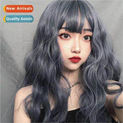 Natural Fluffy Long Curly Hair Air Bangs Smokey Gray Blue Co
