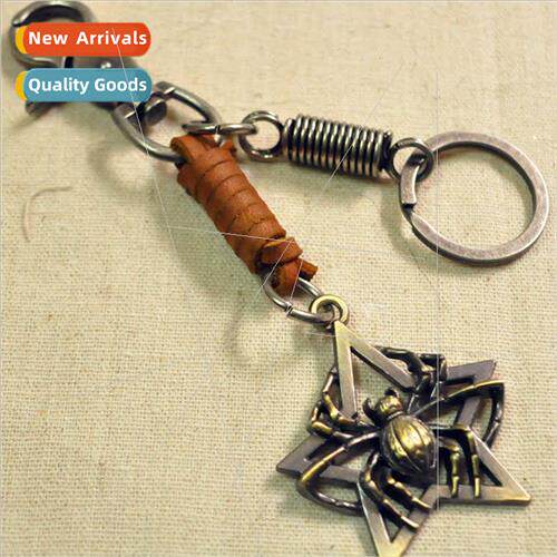 Korea cowhide keychain punk retro jewelry five-star key pend