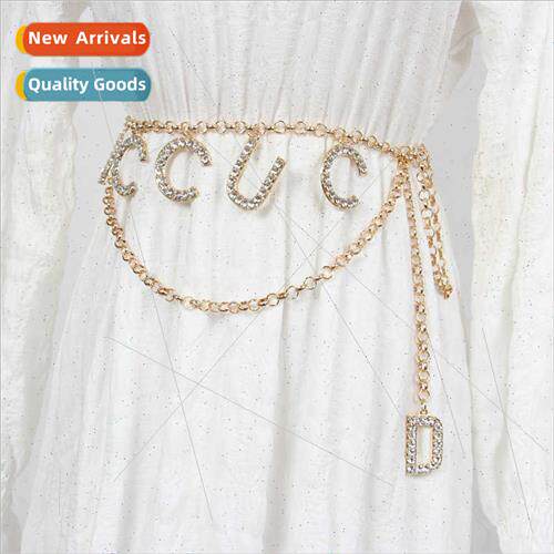 Double waist chain female letters inlaid diamonds Thin belt