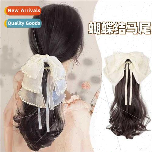 Ponytail wig female scrunchy clip-on pearl bow curly hair lo