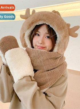 Autumn winter cute antler hat scarf gloves all-in-one threeP