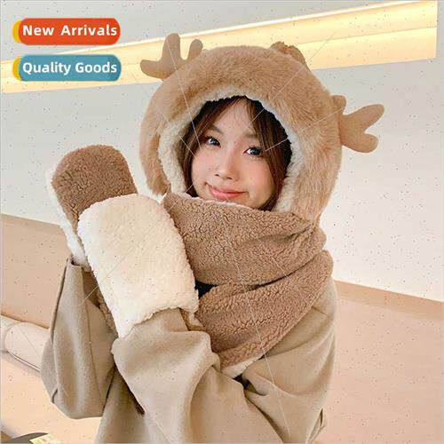 Autumn winter cute antler hat scarf gloves all-in-one threeP