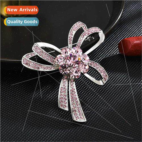 Women versatile pink diamond bow brooch coat jacket fixed bo