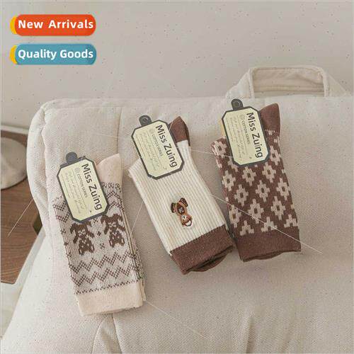 Autumn winter new curry color system stockings cartoon embro