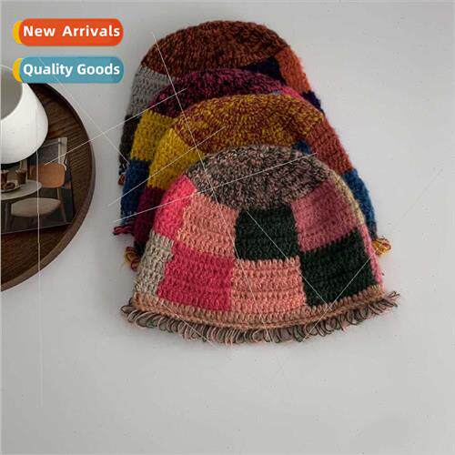 Vintage hand-hooked wool colorful checkerboard lace cap wome