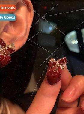 Festival atmosphere Love heart bow earrings retro red earrin