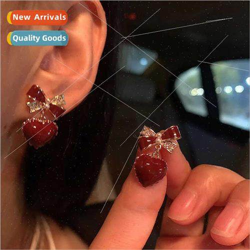 Festival atmosphere Love heart bow earrings retro red earrin